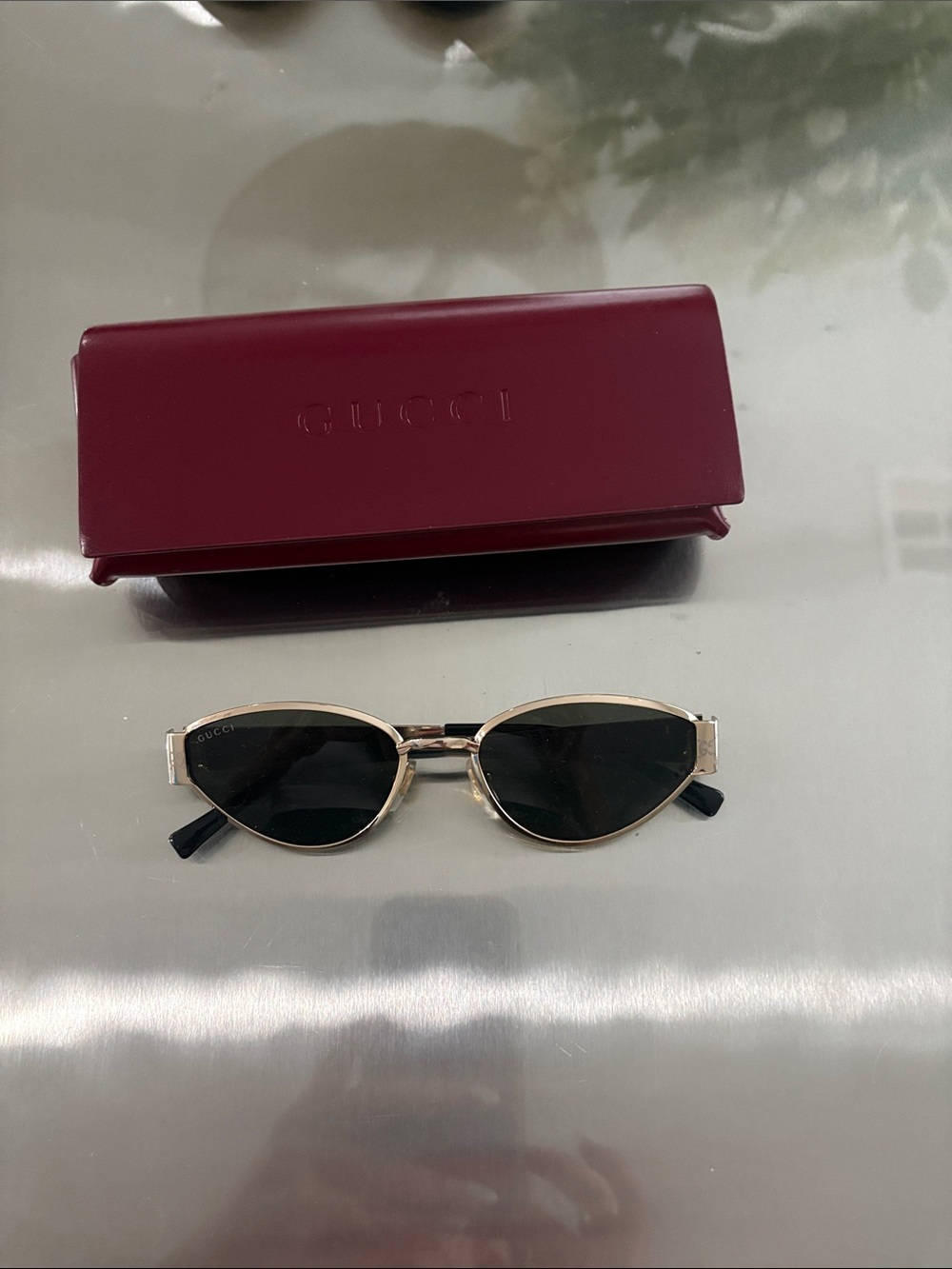 Gucci Gold Frame Black Lens Slim Cat-Eye Sunglasses